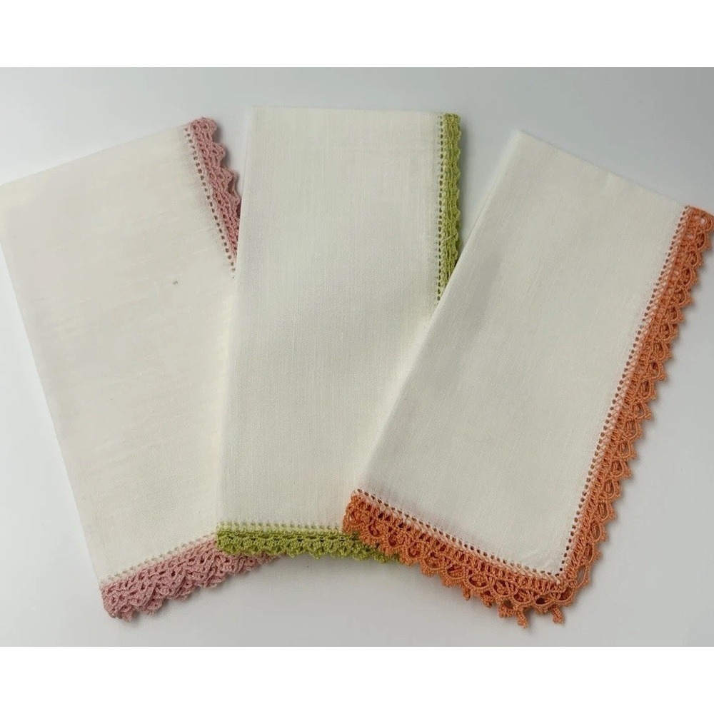 Vintage Lace Trim Handkerchief Set 3 Pink Green Orange Crochet Edge Cottagecore